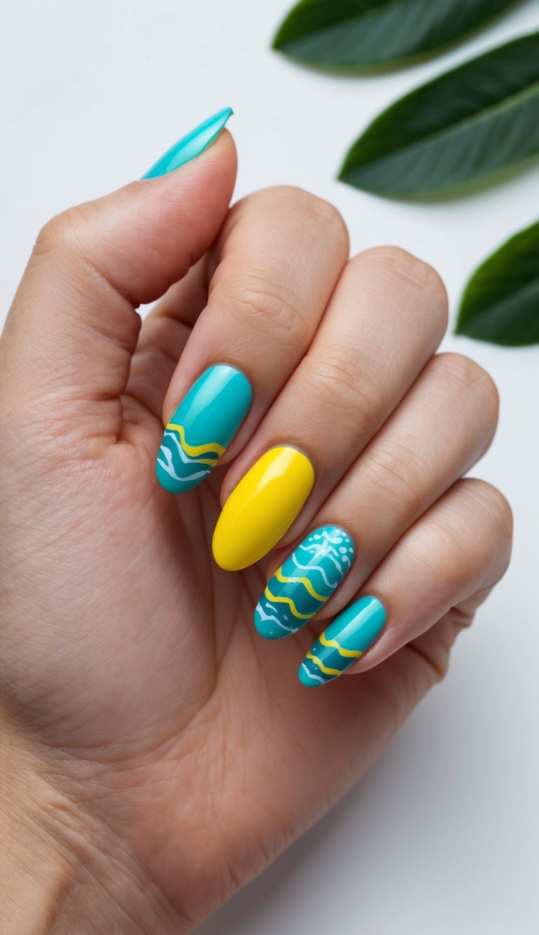 A hand with almond-shaped nails features teal polish, yellow accent nails, and white wave designs, styled against a light background with leafy details.