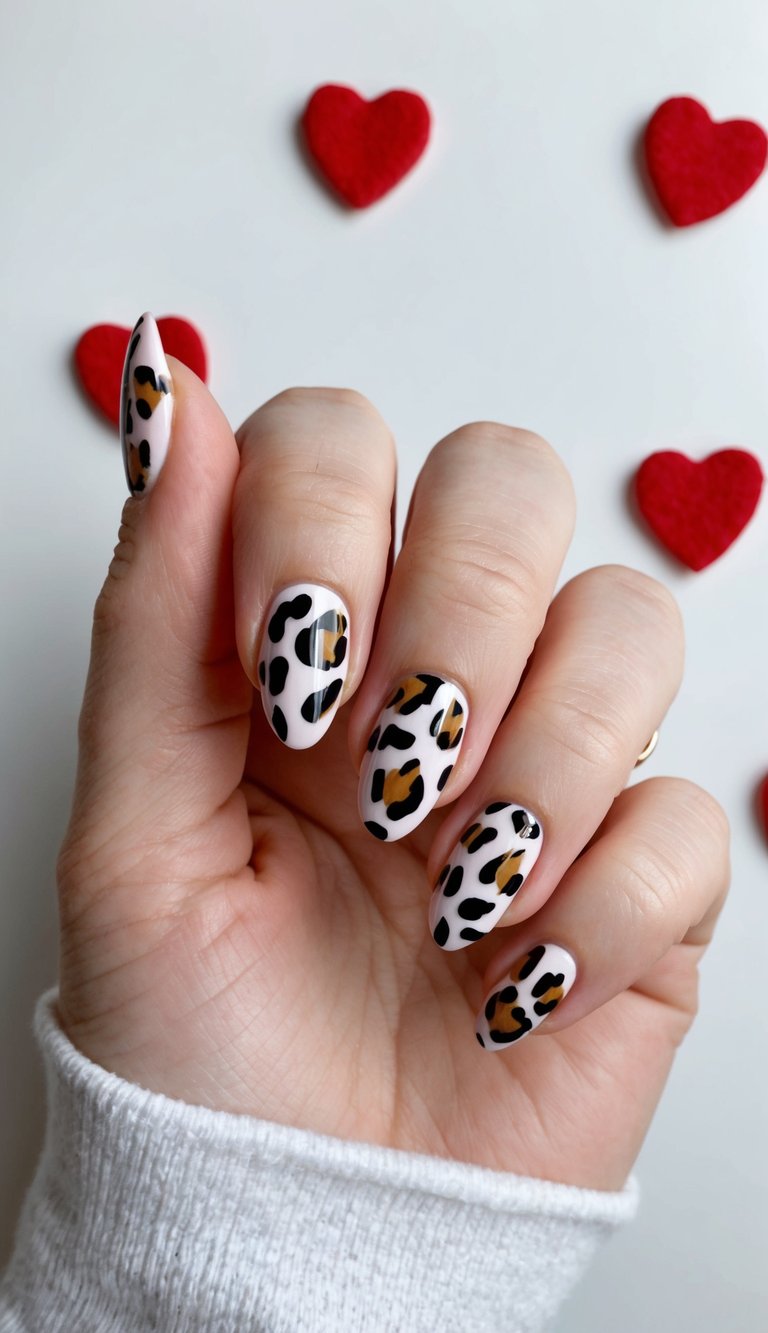 Fingers gently curled inside a cozy sleeve, highlighting white nails with leopard print designs and red heart decor, styled as chic valentine's nail art ideas.