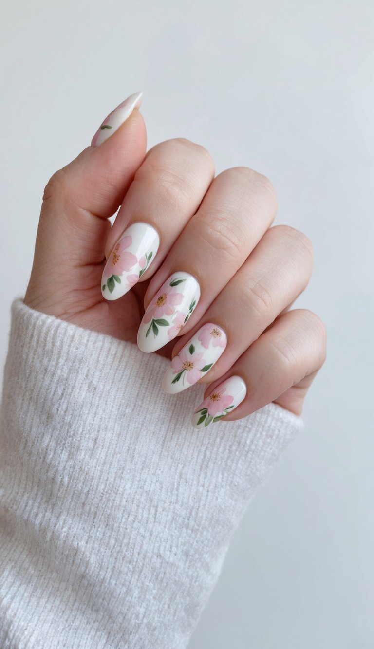 Soft studio image of fingers featuring an aesthetic nail art idea with glossy white nails, detailed pink floral artwork, and fine green leaf accents.