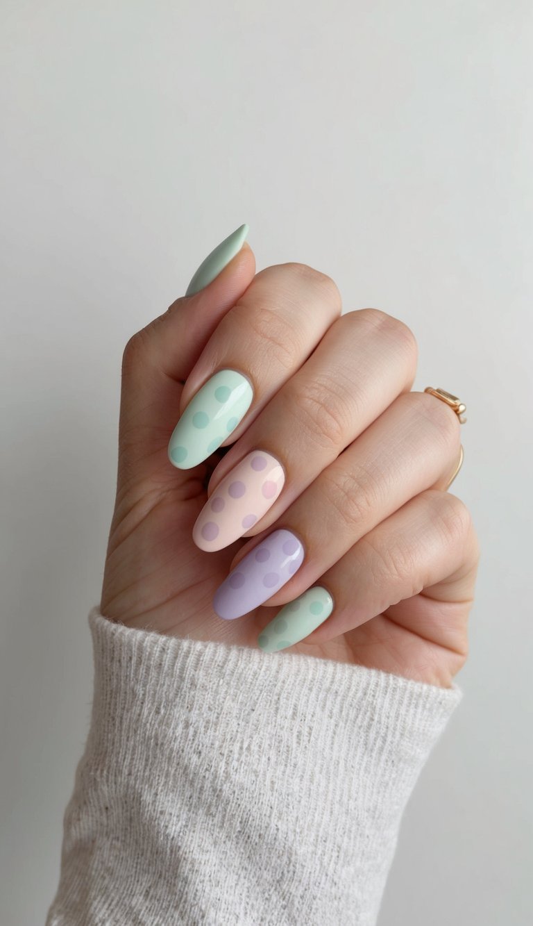 Lifestyle-style photo of a hand against a clean background displaying an aesthetic nail art idea with pastel polka dot nails in soft green, pink, and purple tones.