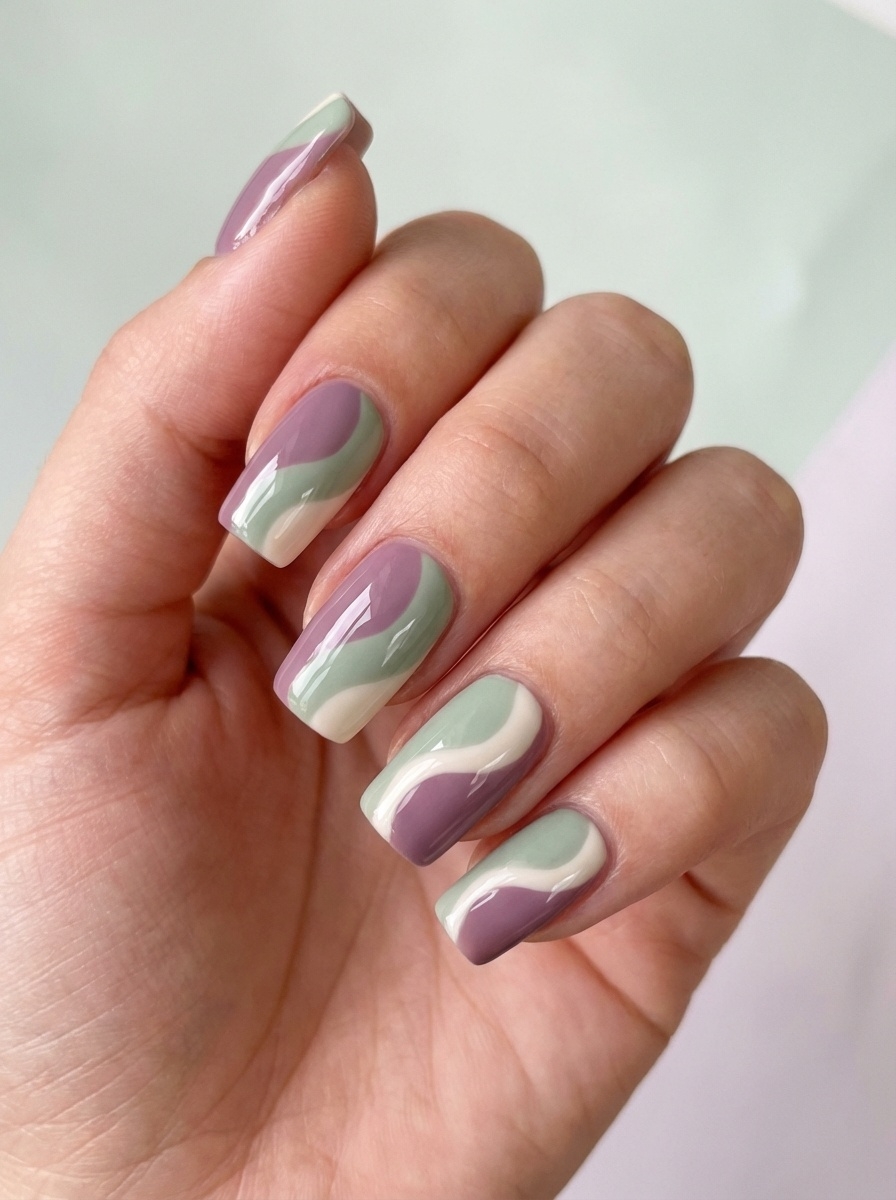 An open hand displays a mauve nail art idea with glossy wave-like color blocking in mauve, sage green, and cream against a clean background.