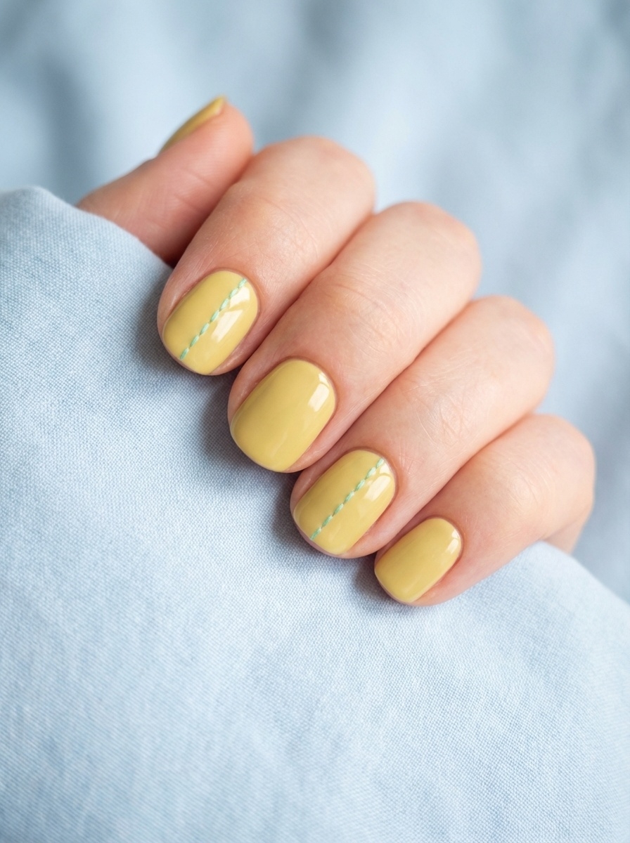 Angled close-up highlighting an aesthetic nail art idea with short pastel yellow nails, smooth glossy finish, and thin mint-green stitched line details.