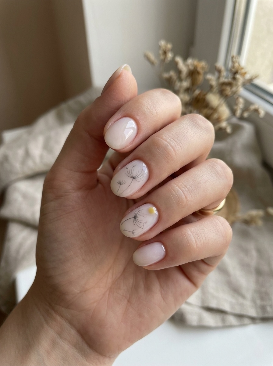 Indoor lifestyle image of fingers resting near dried flowers, featuring an aesthetic nail art idea with nude nails and hand-drawn dandelion seed illustrations.