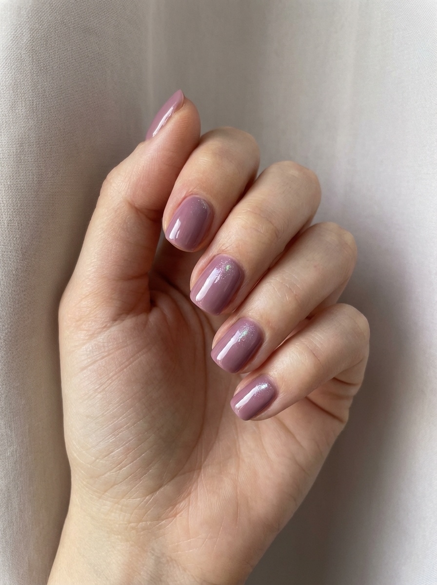 Natural light falls on a hand displaying a mauve nail art idea with evenly shaped short nails finished in glossy mauve polish with subtle reflective sparkle.