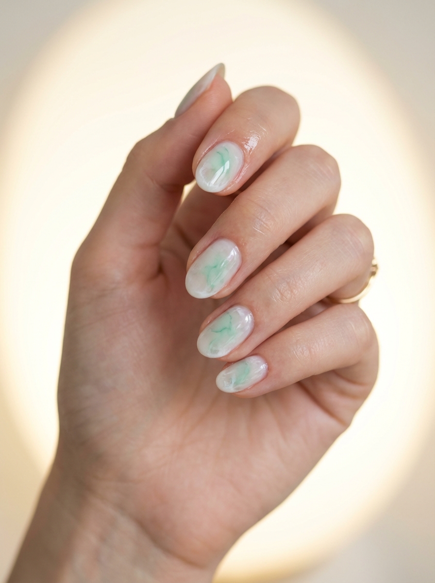 A close-up hand shows a mint green nail art idea with short rounded nails featuring translucent white polish and subtle mint green marble veining under warm lighting.