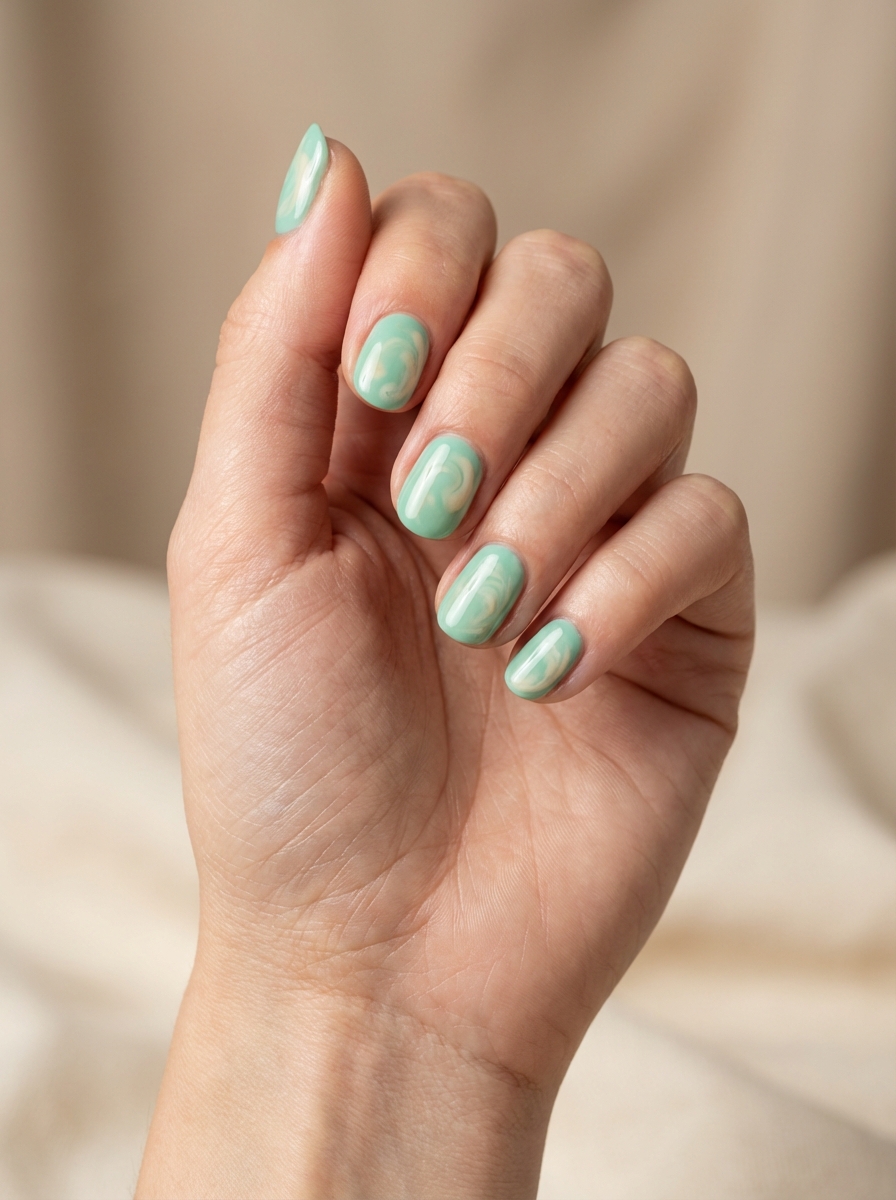 A softly curled hand presents a mint green nail art idea with almond-shaped nails, glossy mint tones, and subtle swirl detailing in a neutral indoor setting.