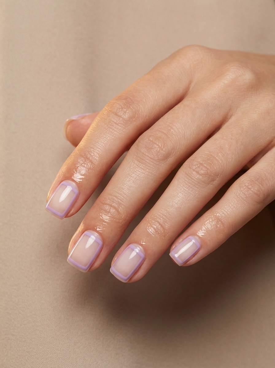 A close-up of a relaxed hand reveals a lilac nail art idea with sheer blush nails outlined in pale lilac along the tips.