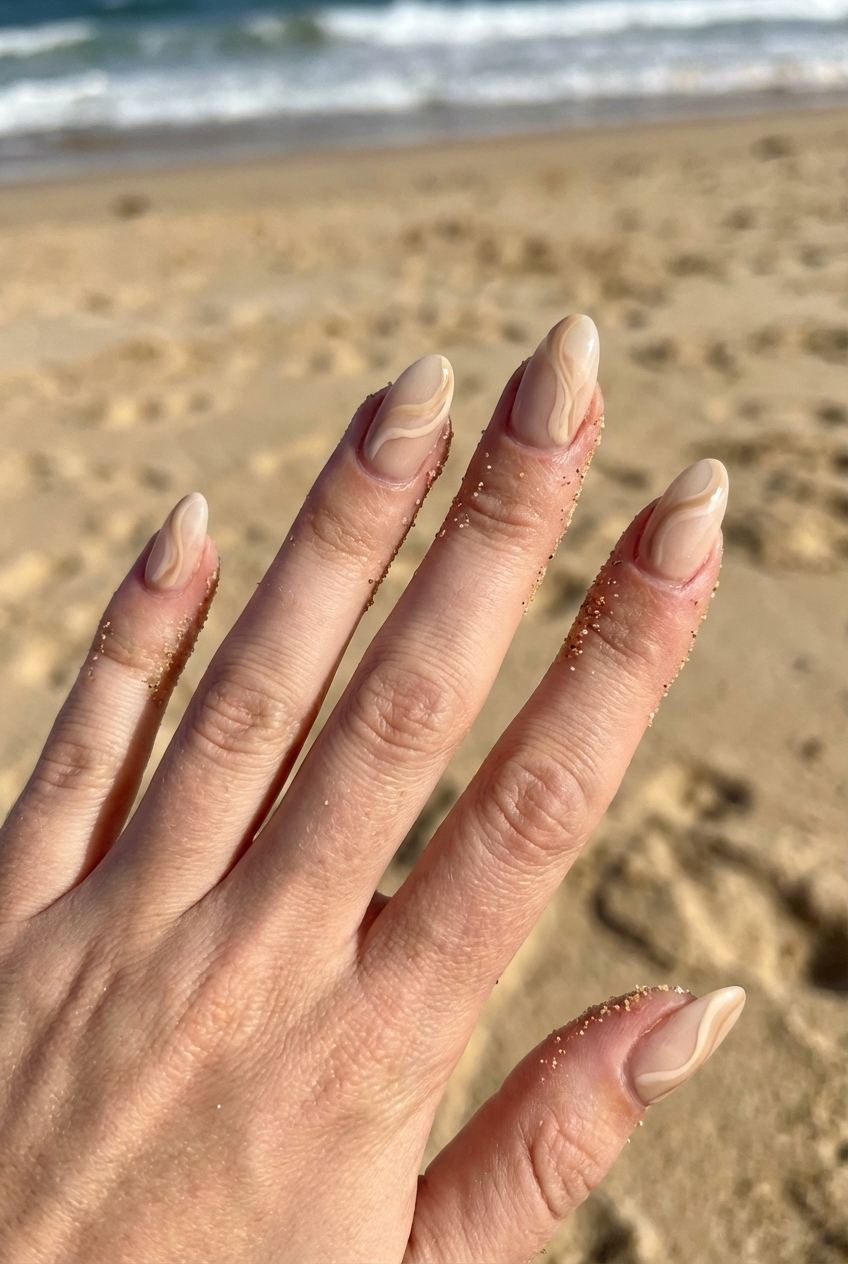 Hand with almond-shaped nails held over a sandy beach displaying a neutral nail art idea with creamy nude polish and soft ivory swirl designs resembling waves.