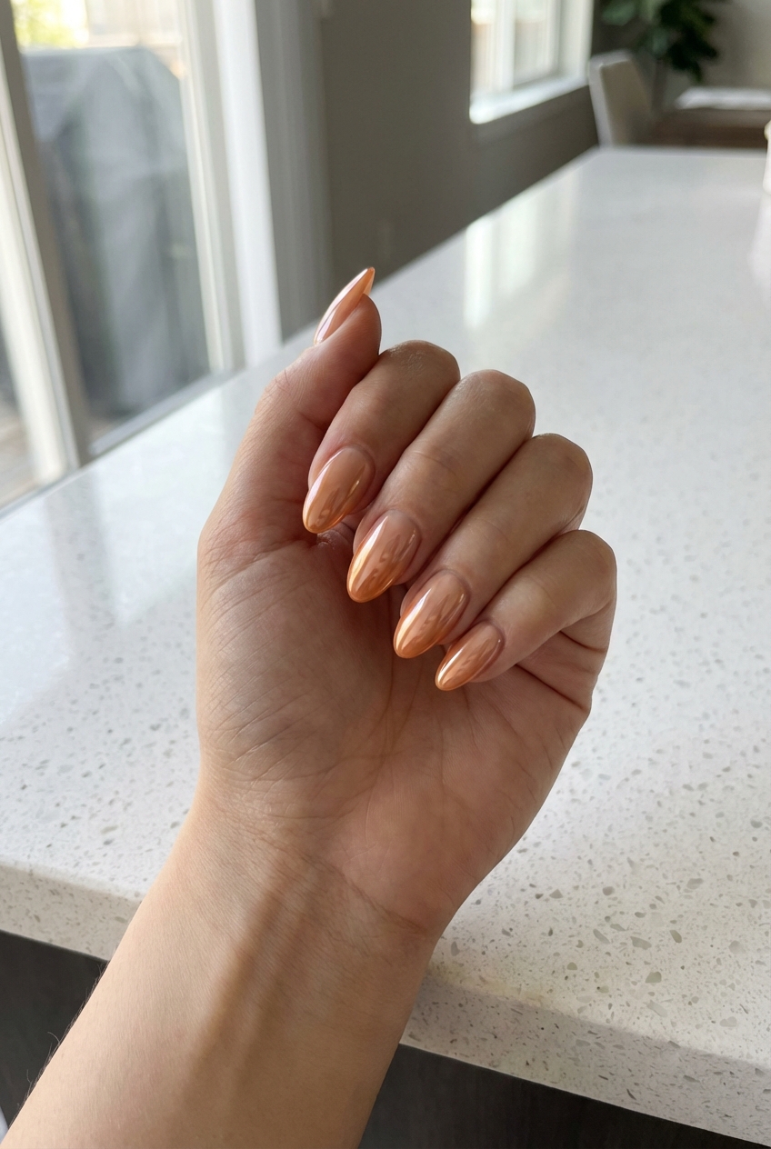 Close-up of a hand displaying an orange nail art idea with glossy almond-shaped nails painted in metallic copper-orange chrome near a kitchen counter.