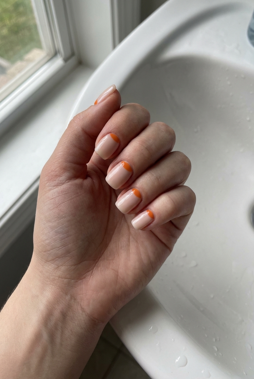 Manicured hand by a window and sink showing an orange nail art idea with nude nails finished with bright orange curved French tip accents.