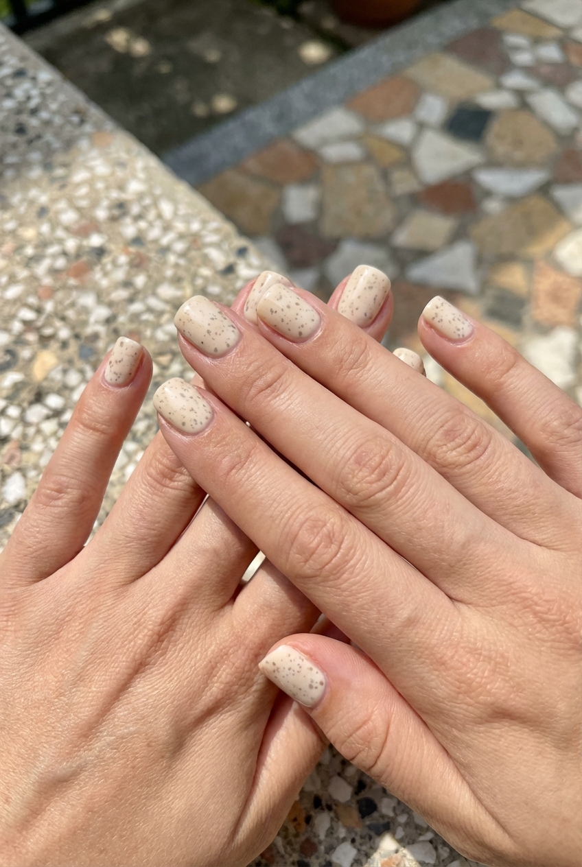 Two hands resting together outdoors showing a neutral nail art idea with creamy beige polish covered in fine brown speckles on short square nails.