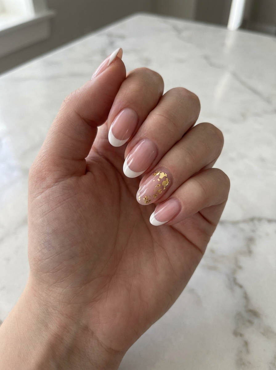 Manicured hand resting on a marble surface featuring a white and gold nail art idea with glossy nude nails, thin white French tips, and a ring finger accent nail with gold foil detailing.
