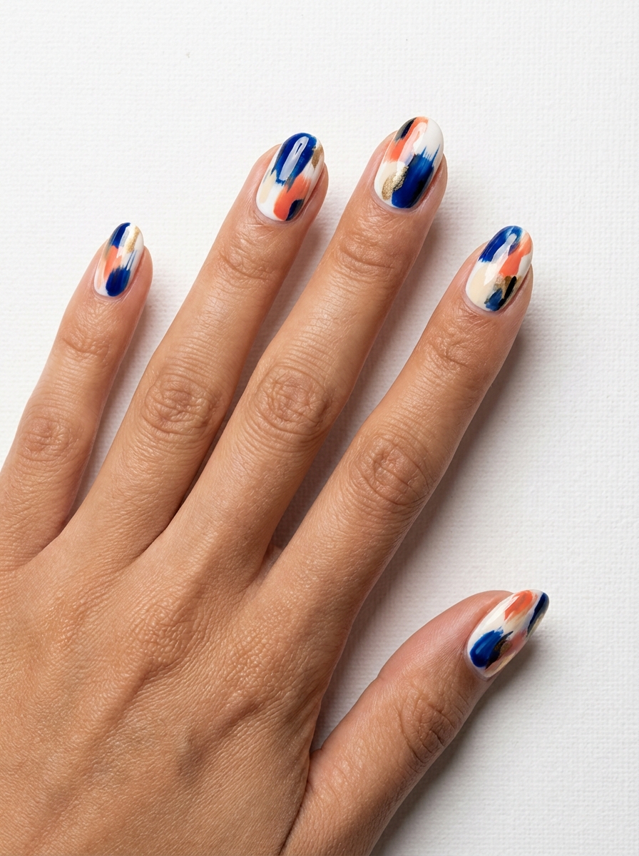 Close-up of a hand showing almond-shaped nails with a colorful nail art idea using navy blue, coral, white, and gold abstract strokes