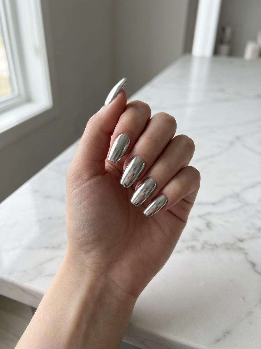Close-up of a hand with almond-shaped liquid silver metallic manicure, highlighting a chrome nail art idea with highly reflective polish against a light marble surface near a window.