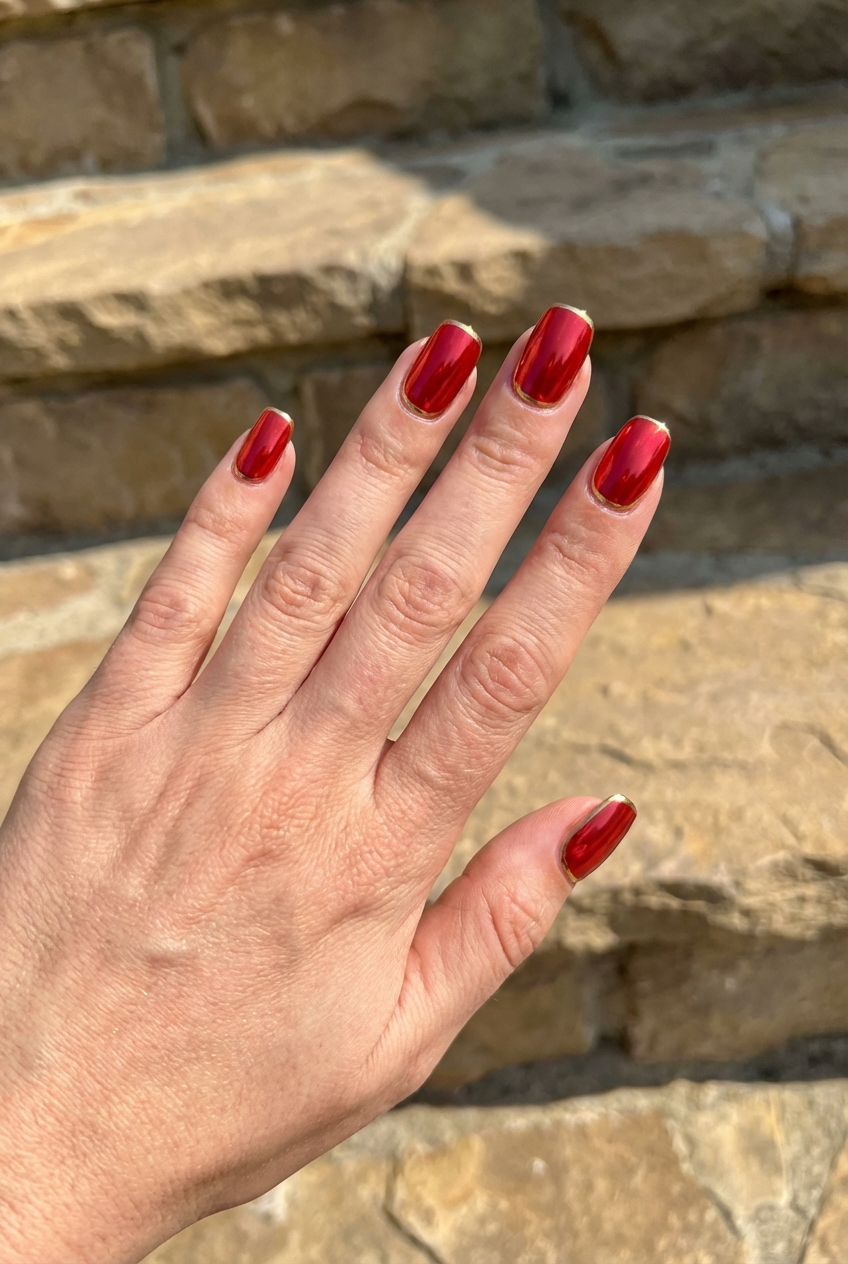 Manicured hand photographed against natural stone steps displaying a red chrome nail art idea with deep crimson chrome nails accented by thin gold edges.
