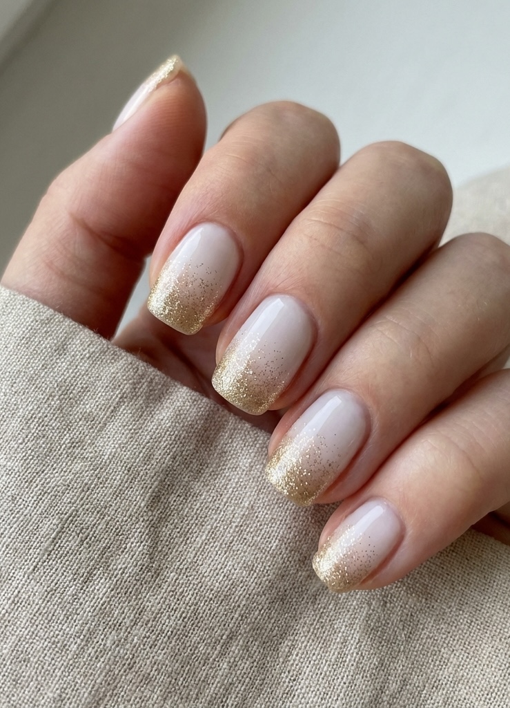 Hand with short square nails featuring a white and gold nail art idea, showing milky white polish softly fading into champagne gold glitter tips against a neutral fabric background.