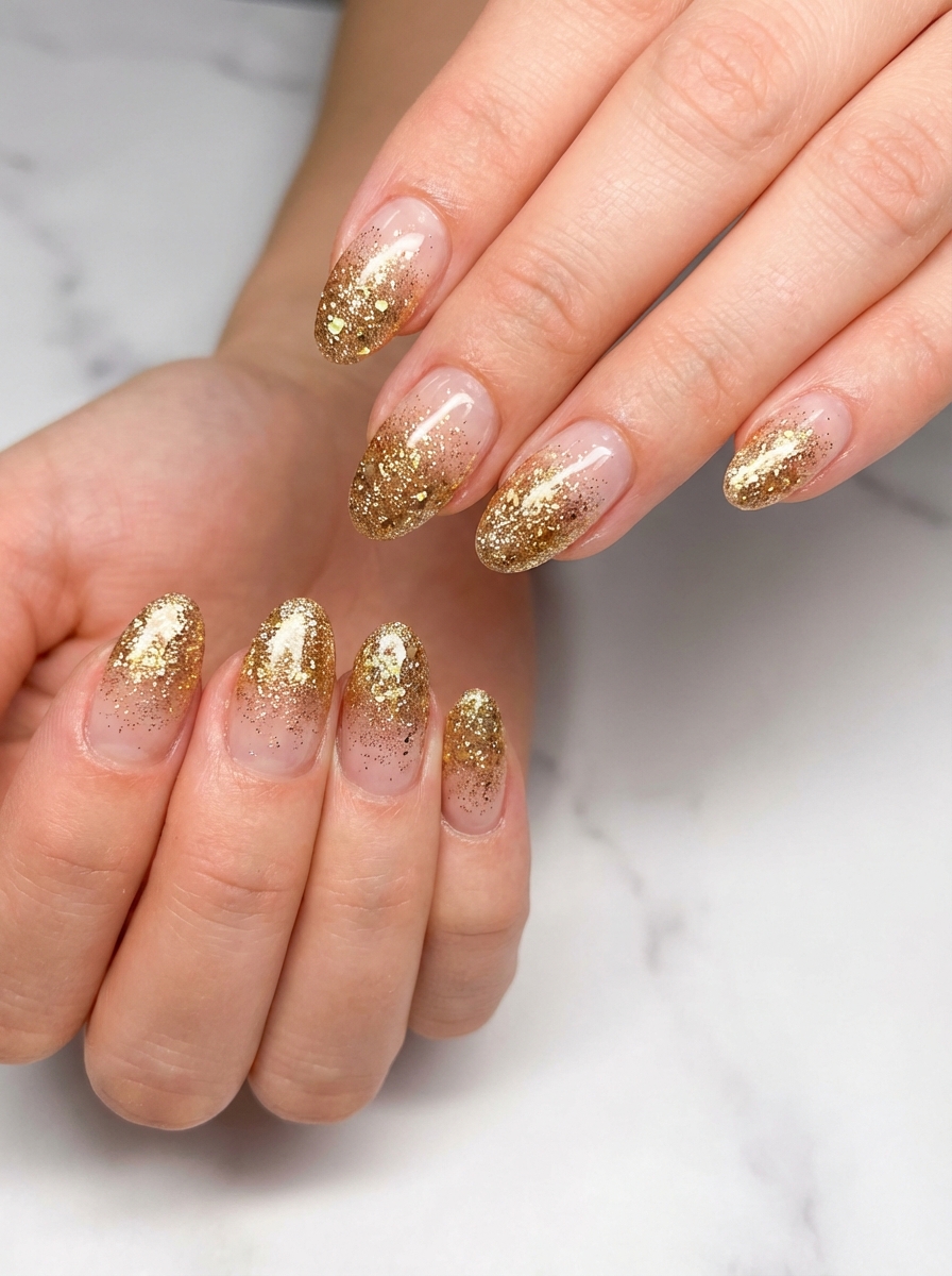 Hands with almond-shaped nude nails featuring gold glitter fading toward the tips, presenting a refined glittery nail art idea with layered sparkle and glossy shine.