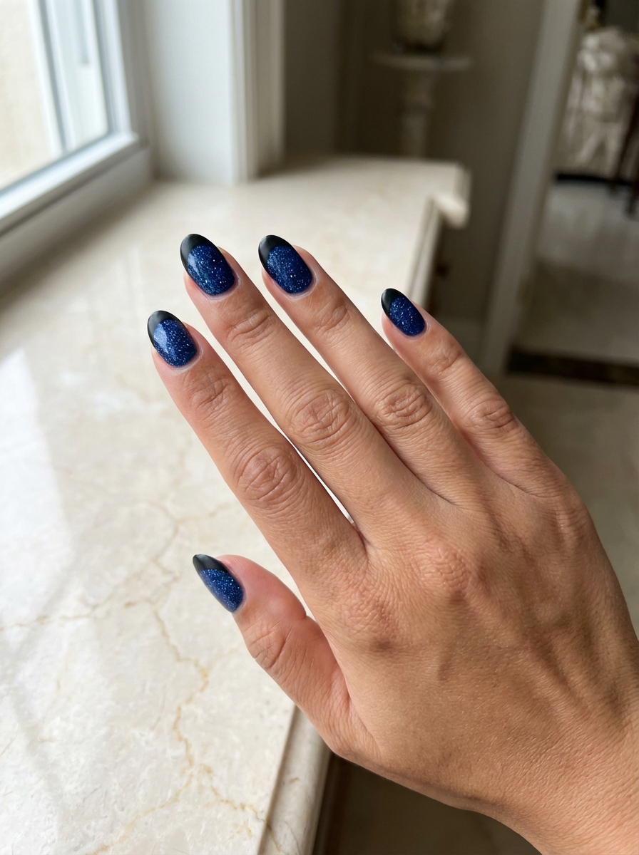 Close-up of manicured hand displaying a black and blue nail art idea with sparkling sapphire blue polish and sharp black tips on almond nails beside a softly lit window.