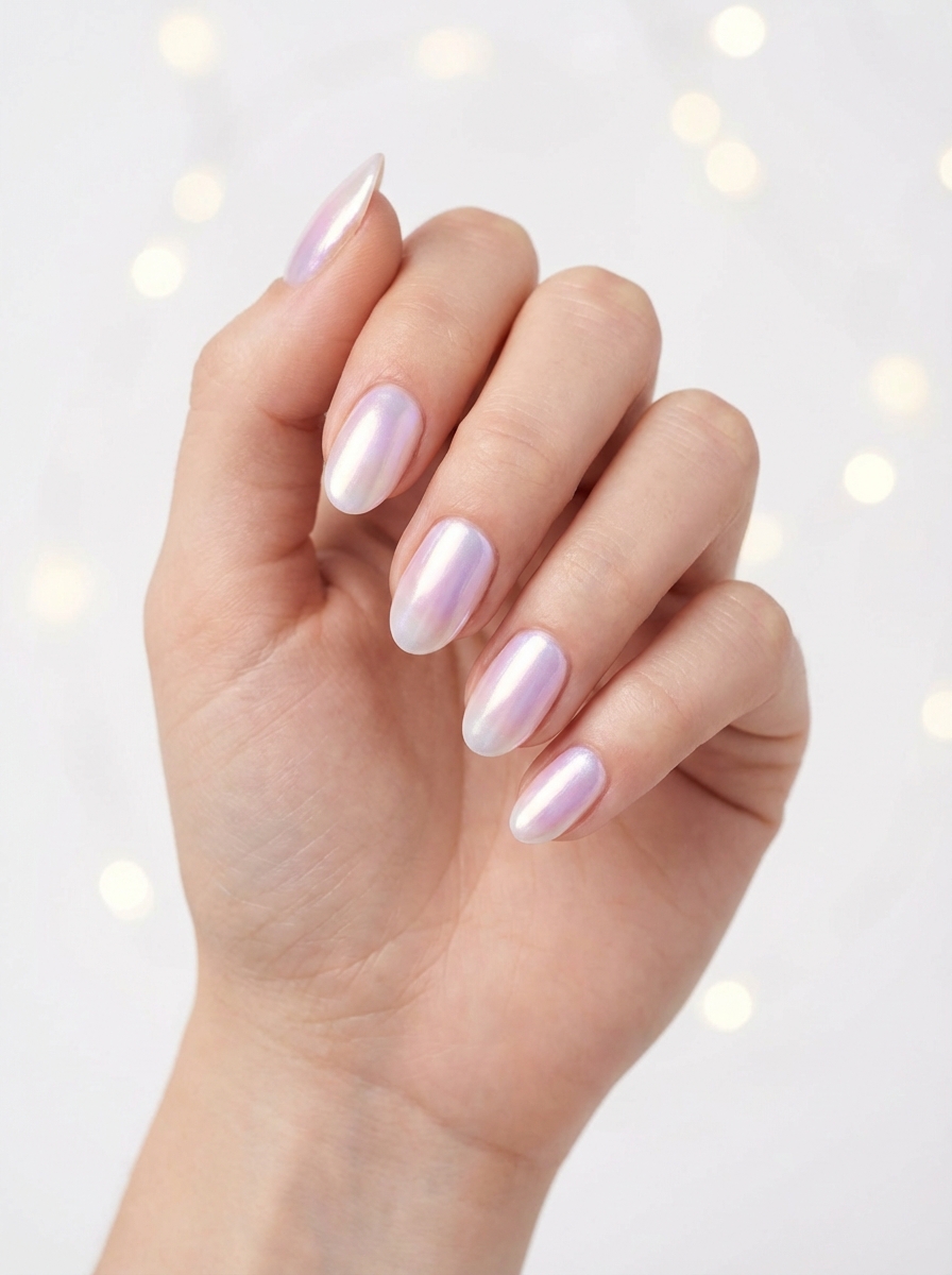 Close-up of a hand with almond-shaped nails coated in pearly lilac chrome polish, highlighting a luminous bridal nail art idea against a soft bokeh background.