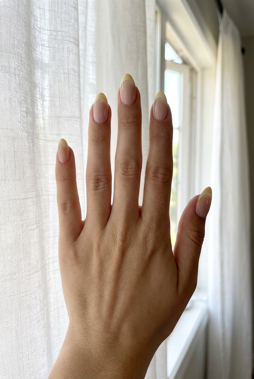 Close-up of a manicured hand features yellow French tip nail art idea with sheer nude nails and soft pastel yellow tips set against a bright window and curtain backdrop