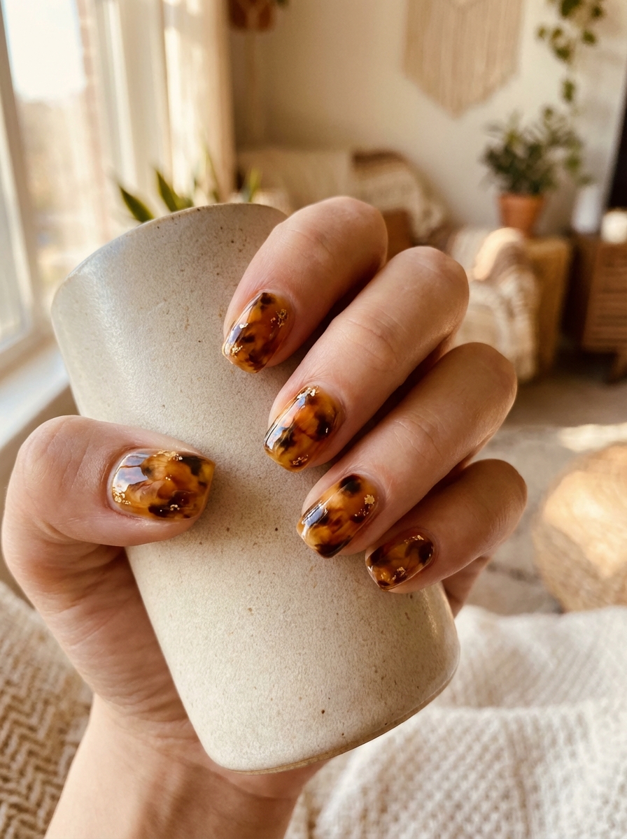Close-up of a hand wrapped around a ceramic mug displaying a short nail art idea with rich brown tortoiseshell patterns and scattered gold foil details on short glossy nails.