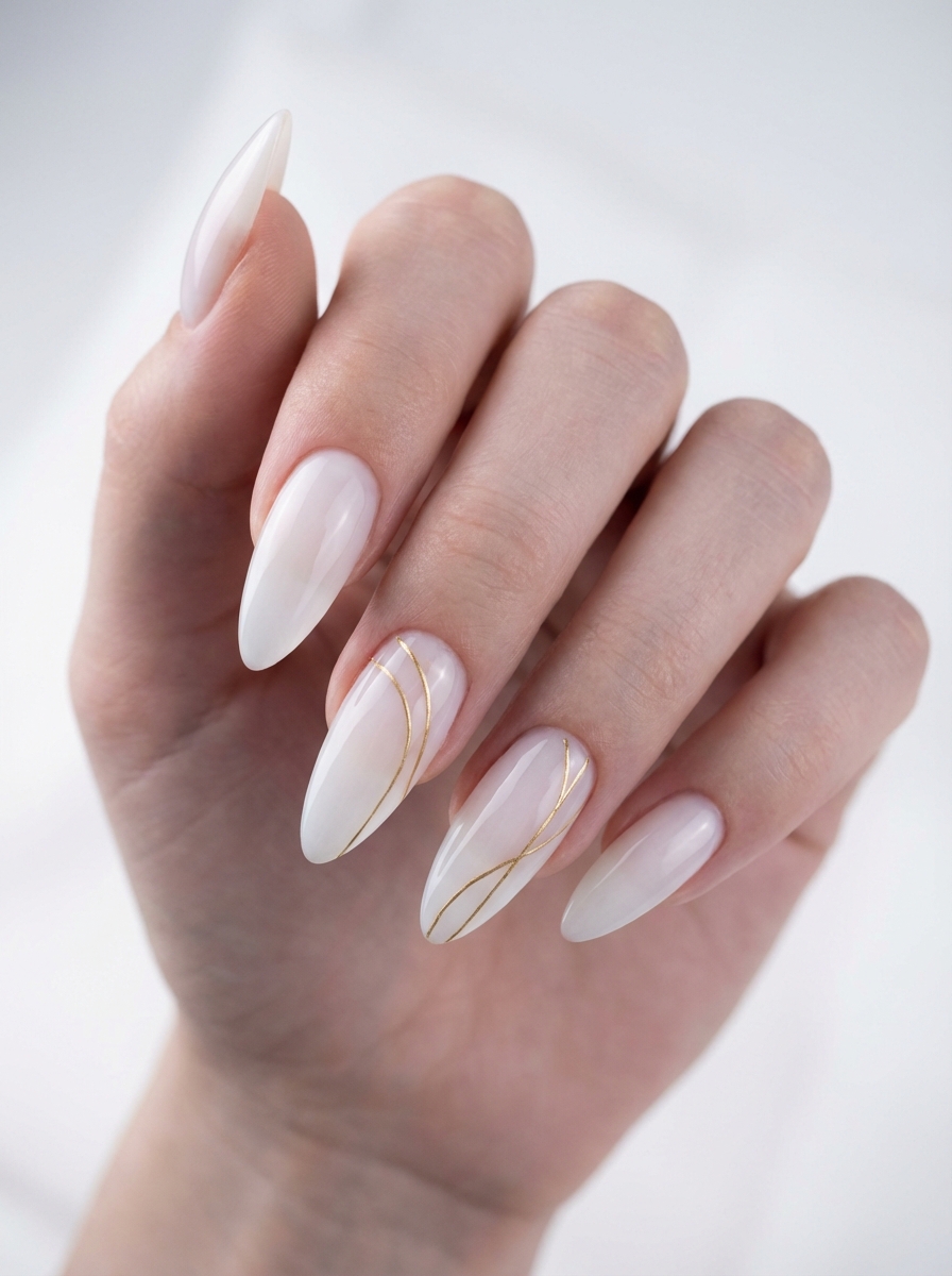 Manicured hand with glossy ivory almond nails featuring delicate gold curved accents, illustrating a chic and modern bridal nail art idea.