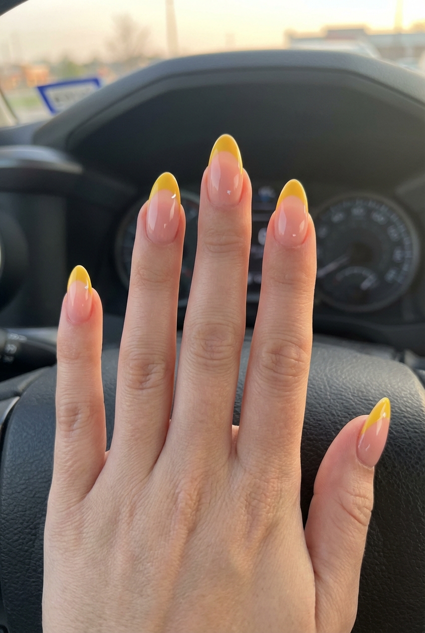 Hand resting on a steering wheel showing yellow French tip nail art idea with almond-shaped nails, soft blush base, and pastel yellow tips glowing in natural light