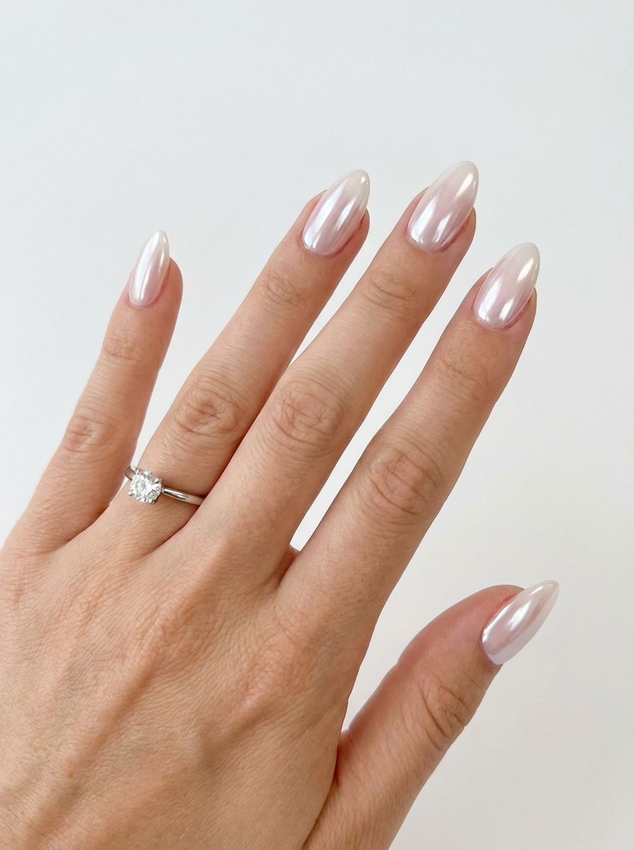 Manicured hand with a diamond engagement ring and almond-shaped nails painted in soft blush pearl chrome polish, illustrating a romantic bridal nail art idea.