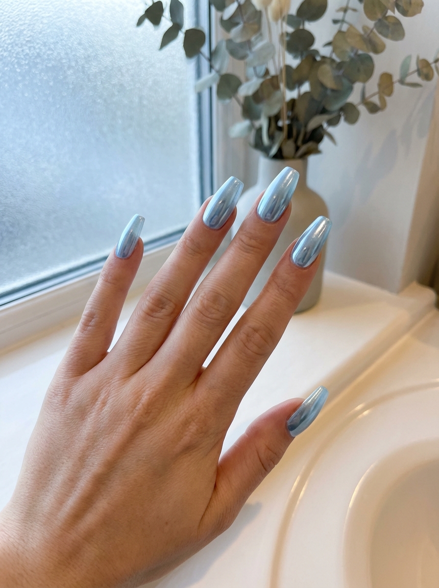 Hand extended near a bathroom window displaying long square-shaped nails coated in glossy baby blue chrome polish, illustrating a chrome nail art idea with reflective shine beside a vase of eucalyptus.
