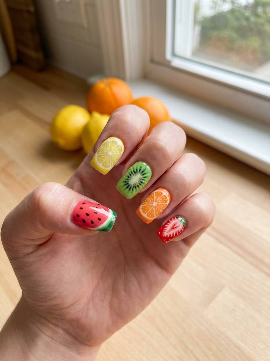 Hand with square-shaped nails showing a colorful nail art idea with watermelon, lemon, kiwi, orange, and strawberry fruit nail designs on each nail near a wooden surface