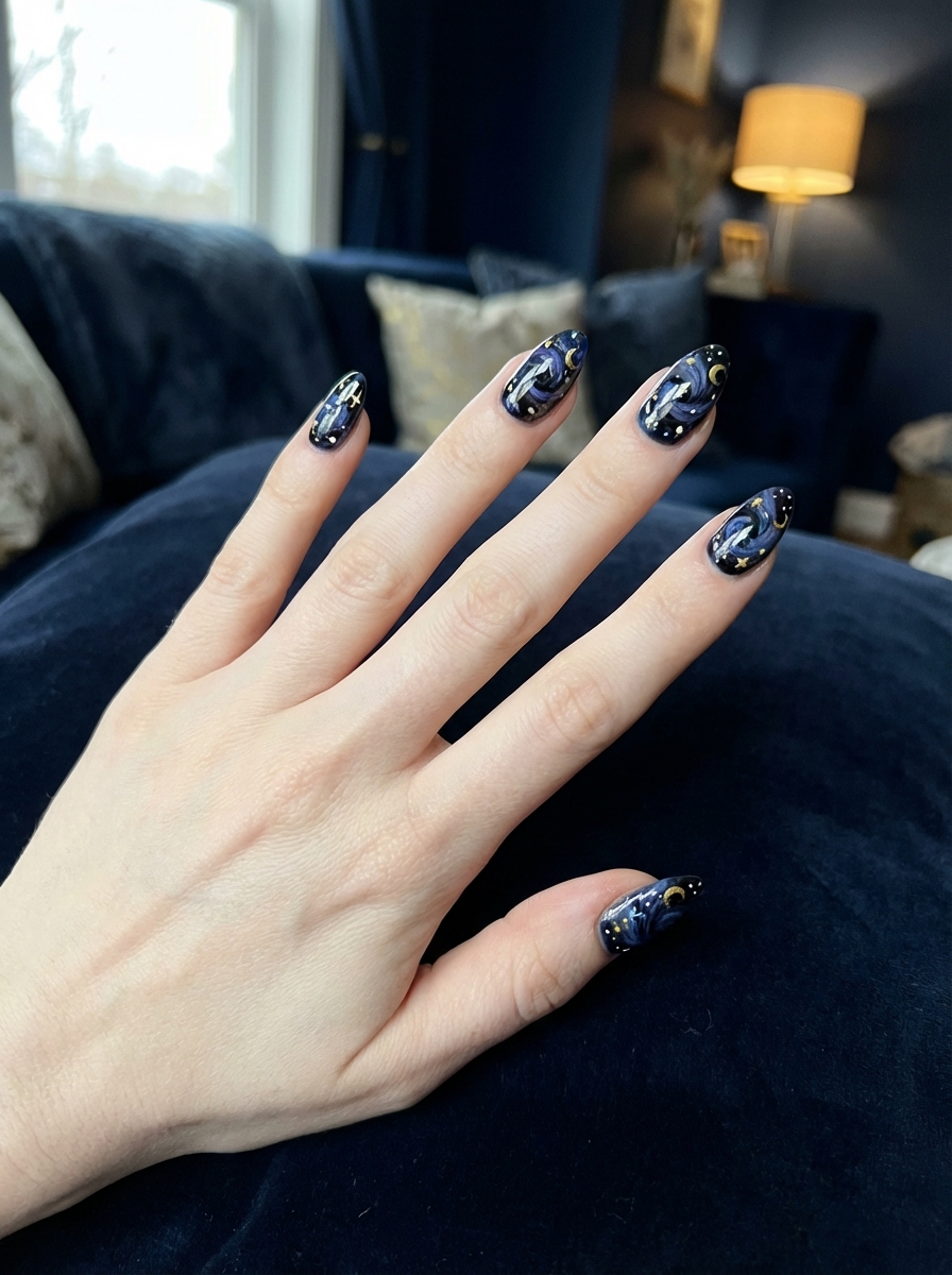 Close view of a hand resting on dark blue upholstery showing a black and blue nail art idea with cosmic navy swirls, gold star accents, and small crescent moon designs.