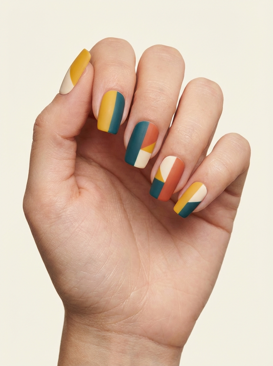 Close-up of a hand with square-shaped nails featuring a colorful nail art idea made of geometric color blocks in mustard yellow, teal, burnt orange, and cream on a neutral background.