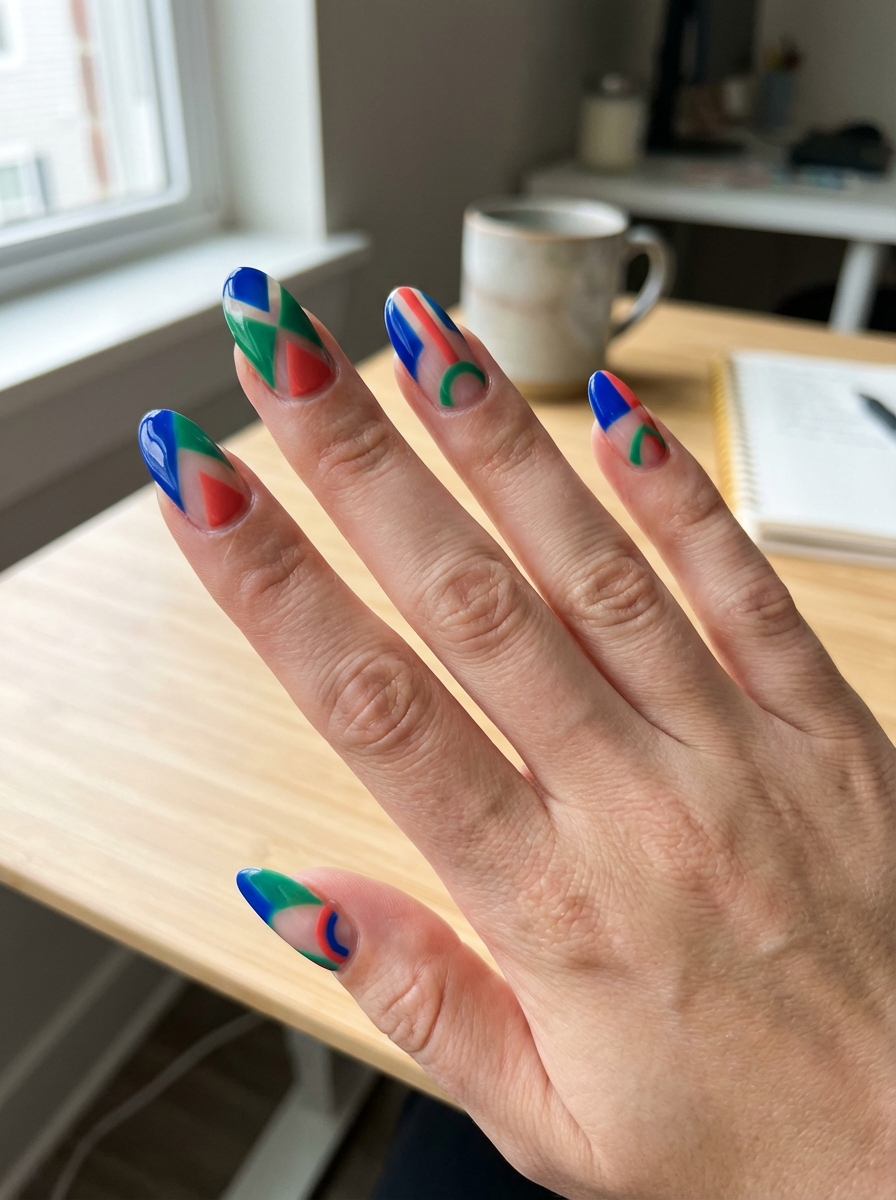 Manicured hand near a window displaying almond nails painted with a colorful nail art idea using bold blue, green, and coral geometric shapes and curved accents