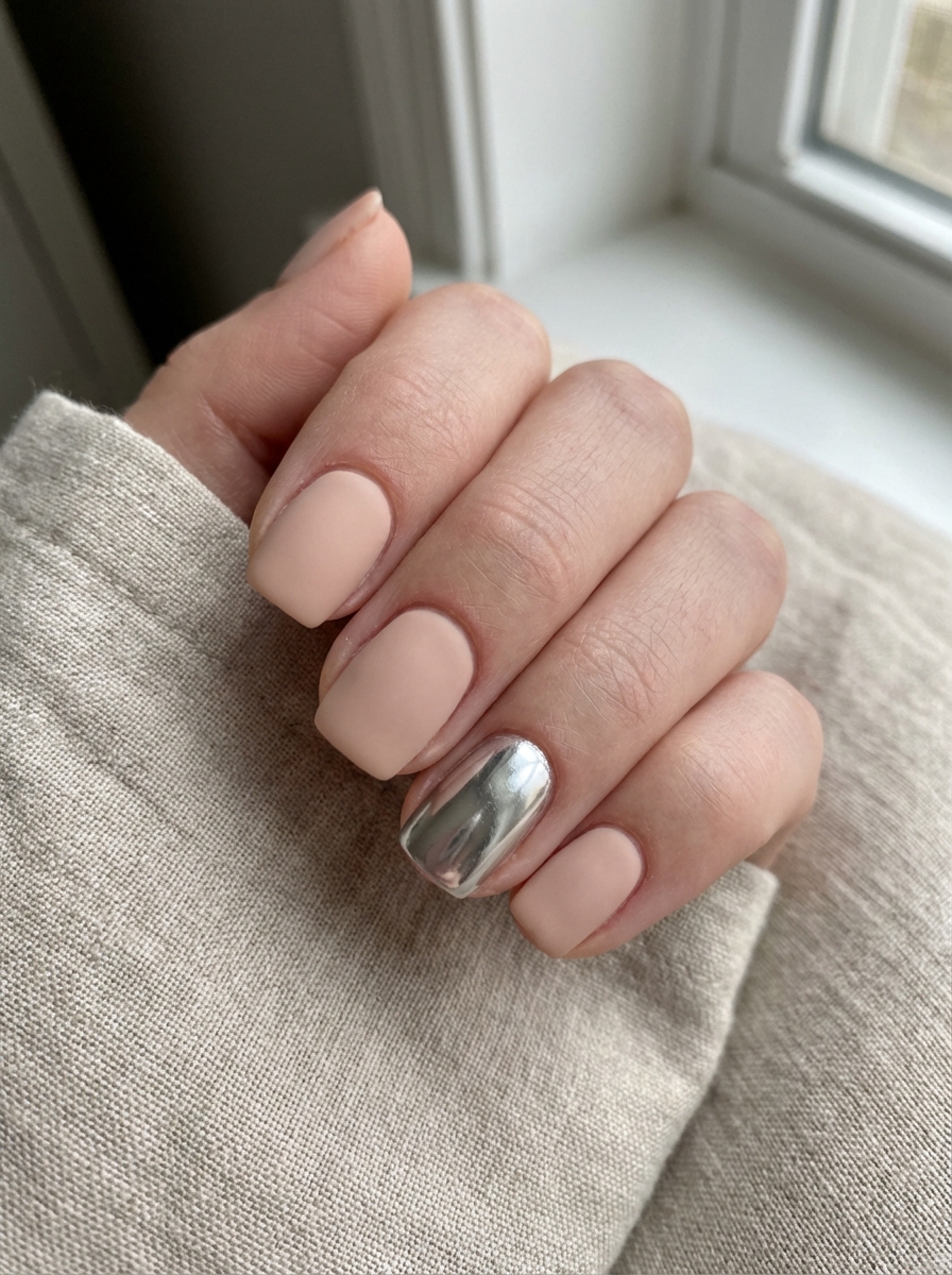 Close-up of a hand resting on fabric with square-shaped nude matte nails and a shiny silver chrome accent nail, highlighting a chrome nail art idea in natural window light.