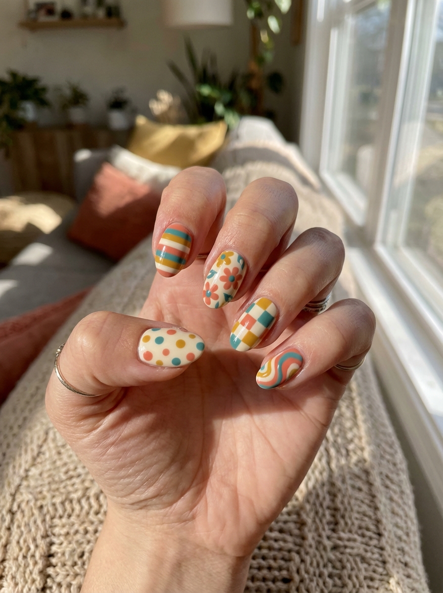 Hand near a sunlit window showing a colorful nail art idea with mixed patterns including polka dots, floral designs, pastel stripes, checkerboard blocks, and wavy lines in teal, coral, mustard, and cream.