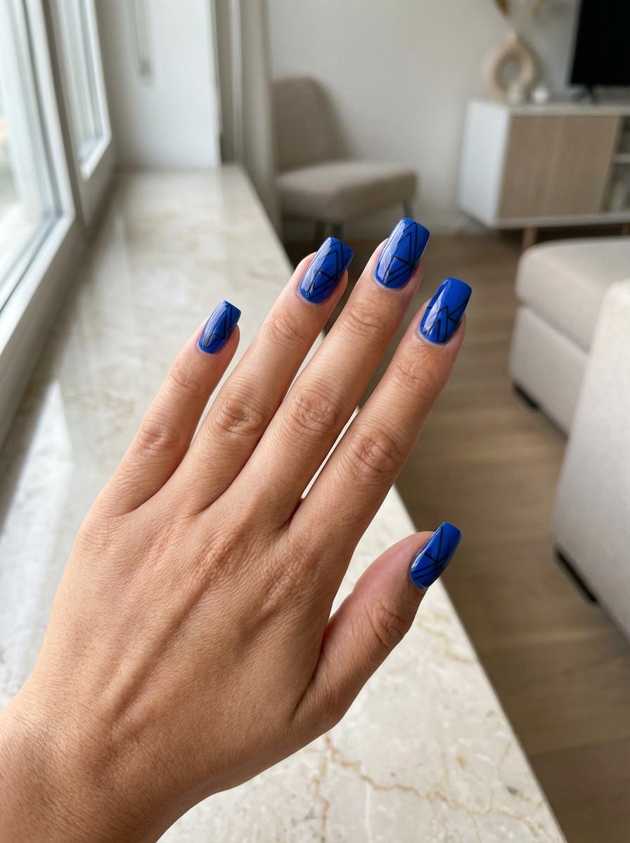 Hand raised near a bright window showing a black and blue nail art idea with vivid cobalt blue polish and thin black geometric line accents on glossy square-shaped nails.