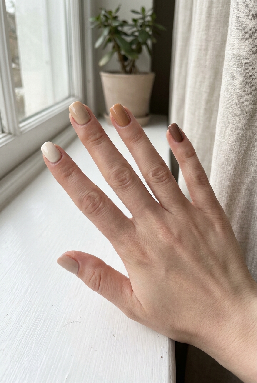 Natural daylight by a window reveals a hand displaying a neutral nail art idea with each nail painted in a different tone ranging from ivory and beige to caramel and mocha.
