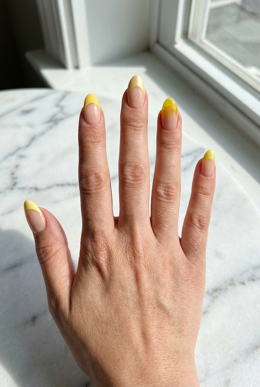 Hand placed near a bright window shows yellow French tip nail art idea with nude nails, soft yellow tips, one nail with a sheer yellow overlay, and a subtle glitter accent