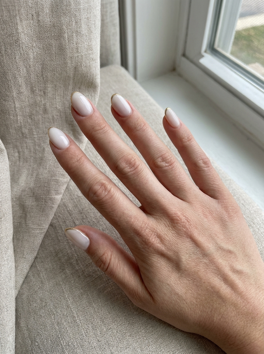Hand placed beside a window curtain showing a white and gold nail art idea with short oval nails painted ivory white and accented with thin gold trim outlining the tips.