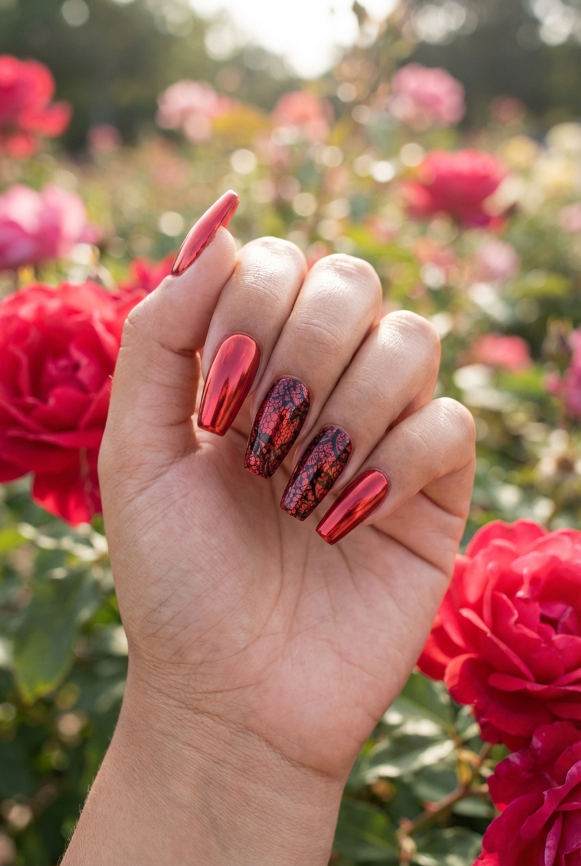 Fingers curled slightly in natural sunlight featuring a red chrome nail art idea with glossy ruby chrome nails and textured crackle red accent nails against blurred red roses.