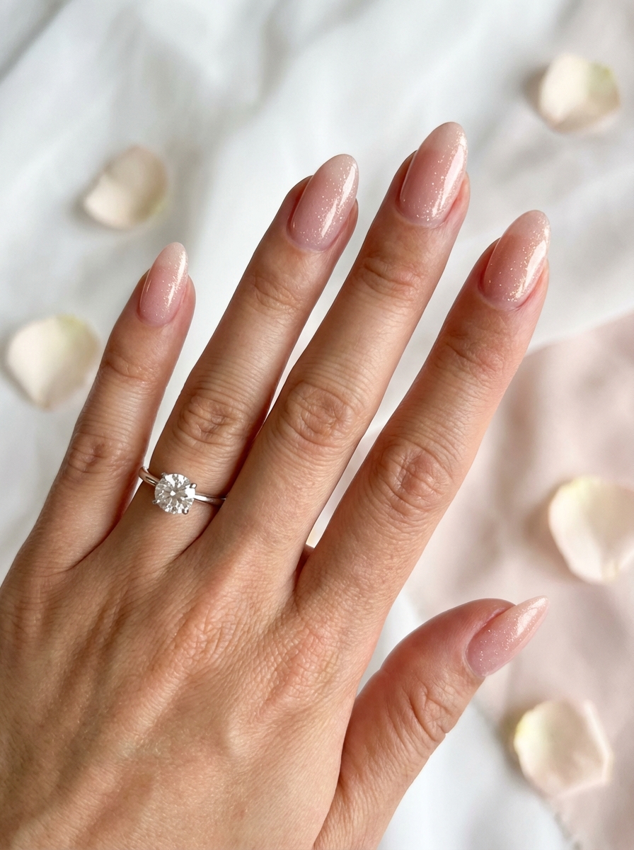 Hand resting on soft fabric with a diamond engagement ring and almond-shaped blush pink nails dusted with delicate micro-glitter, illustrating an elegant bridal nail art idea with scattered petals.