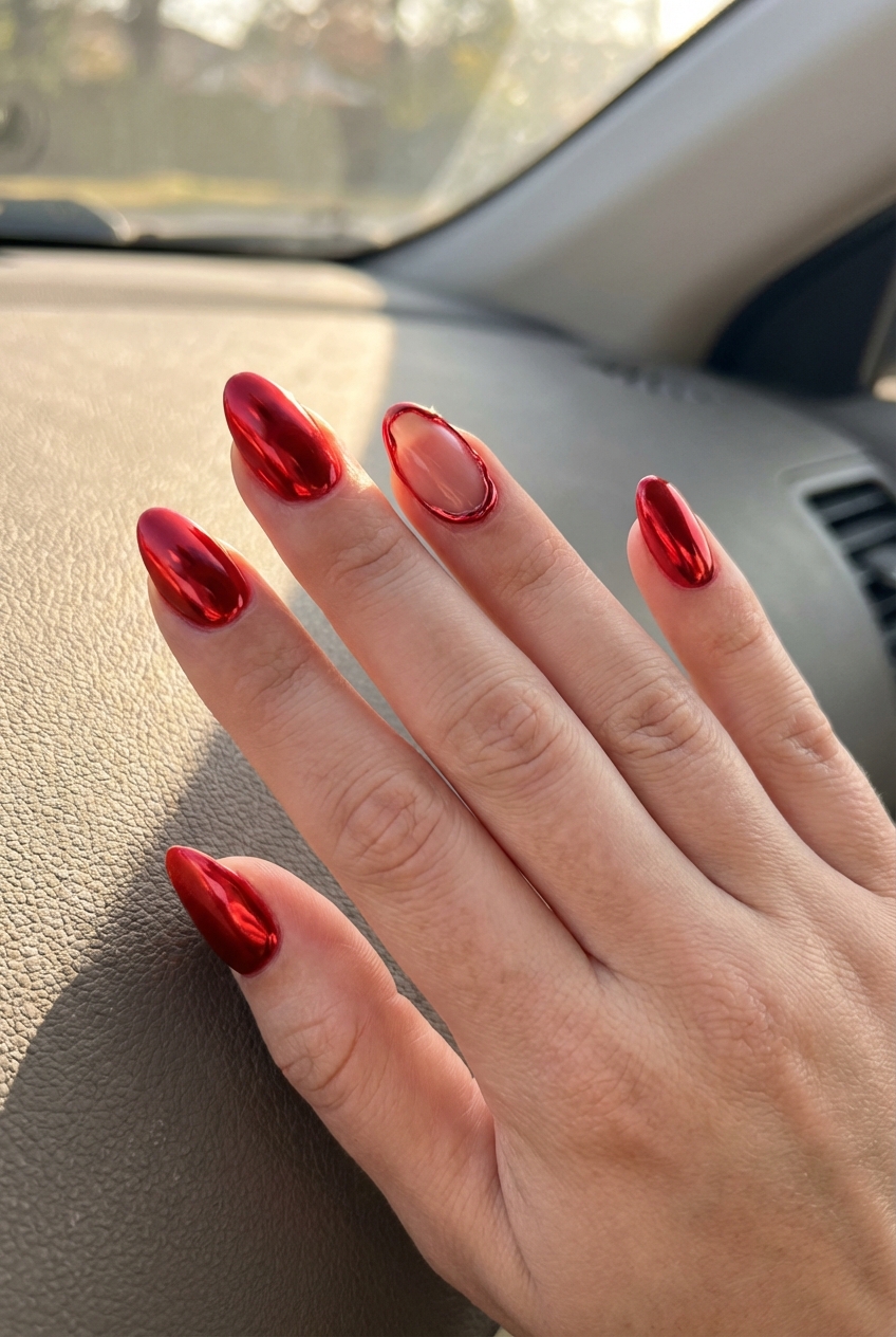 Close-up of a manicured hand inside a car showing a red chrome nail art idea with mirror red chrome nails and a single nude accent nail outlined with metallic red chrome.