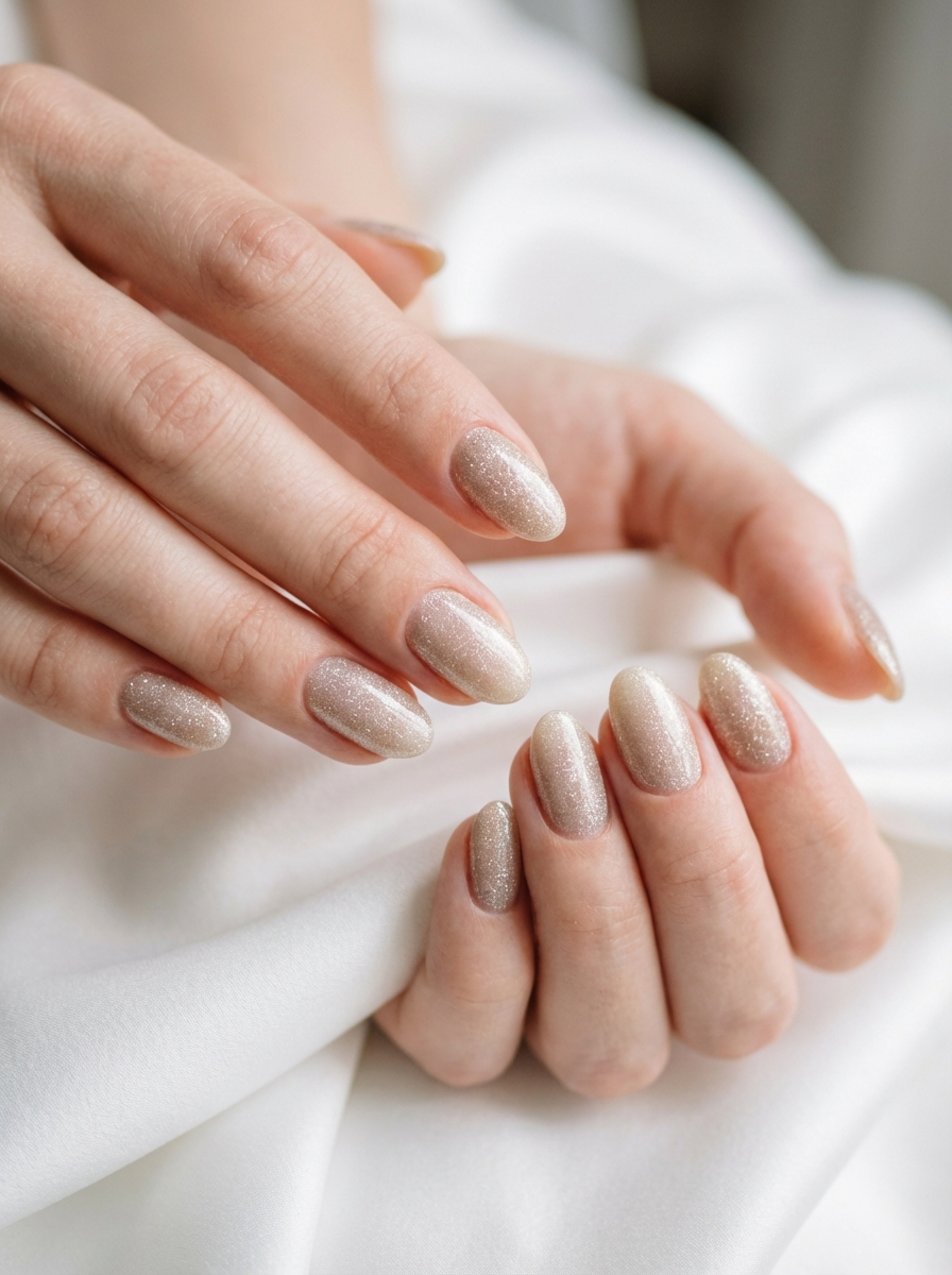 Two hands posed together showing almond-shaped nails with a gradient of coral and gold glitter polish, photographed against a warm sunlit background for a radiant glittery nail art idea.