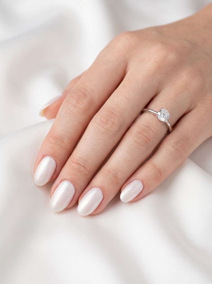 Elegant hand with a silver solitaire engagement ring displaying almond-shaped pearl white nails on soft white fabric, highlighting a clean and timeless bridal nail art idea.