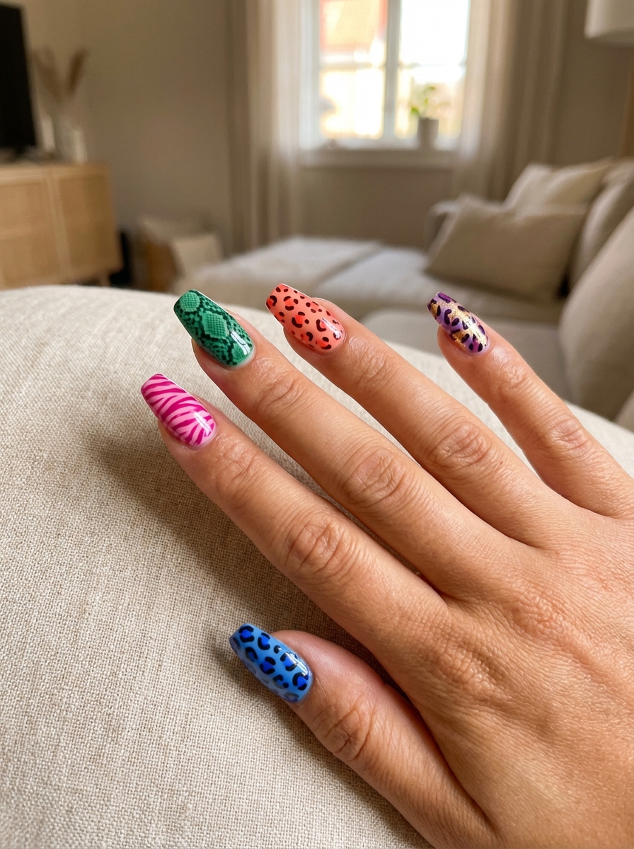 Manicured hand with long nails displaying a colorful nail art idea featuring bold animal print patterns in blue, pink zebra stripes, green snakeskin, coral leopard spots, and purple leopard design.