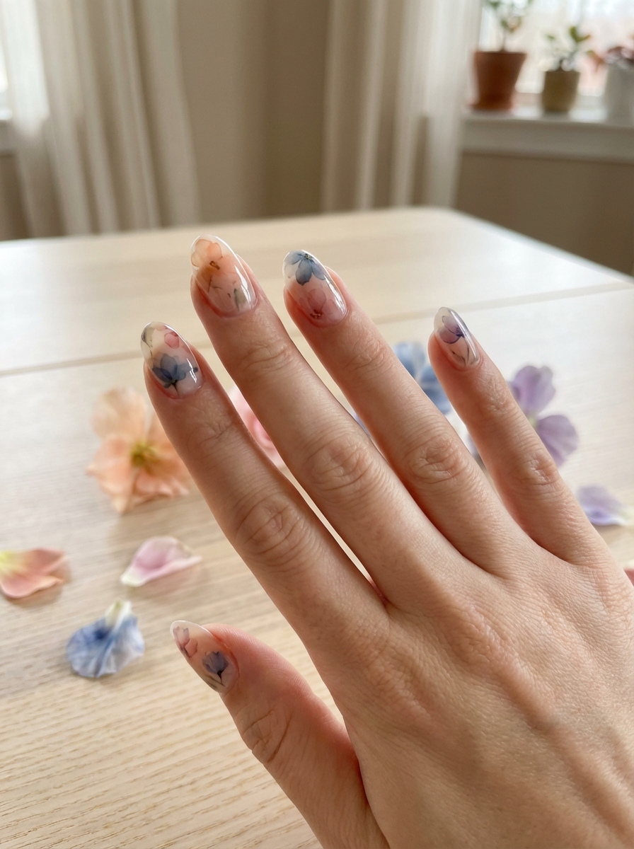 Hand held above a light wooden table displaying a colorful nail art idea with translucent nails painted with soft watercolor flowers in peach, blue, and lavender tones.