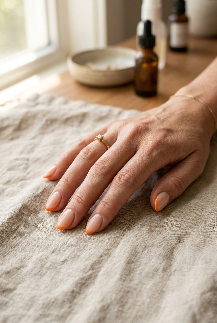 Hand resting on neutral linen fabric showing an orange nail art idea with almond-shaped nude nails finished with slim tangerine orange French tips.