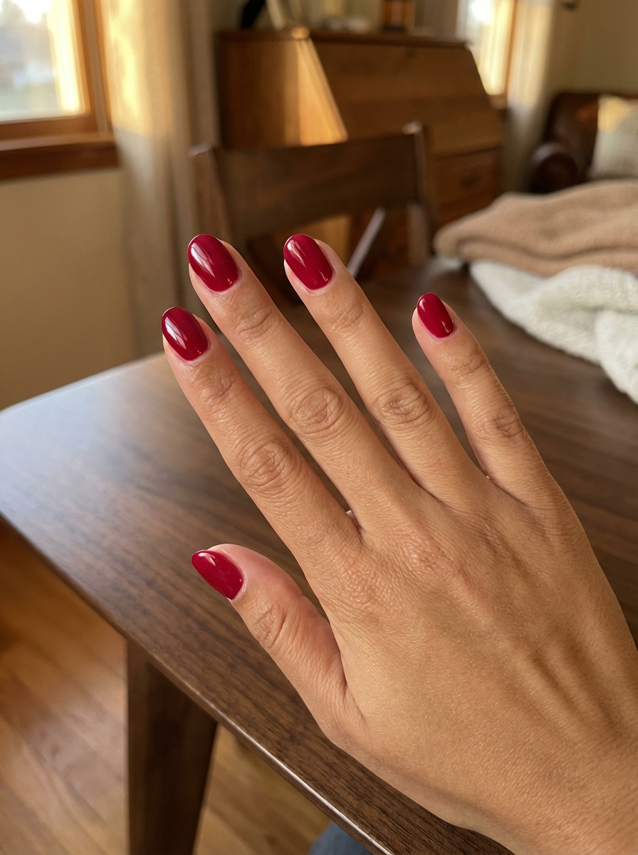 Close-up of a hand held above a wooden table featuring a short nail art idea with bright cherry red glossy polish on short rounded nails in a softly lit room.
