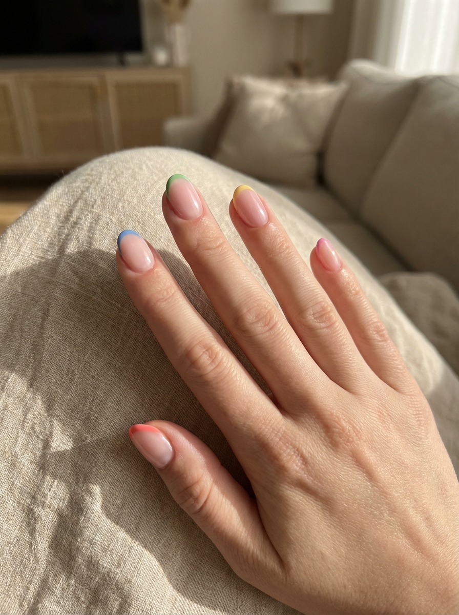 Close-up of a hand placed on a fabric couch displaying a short nail art idea with sheer pink polish and colorful pastel French tips in blue, green, yellow, and coral.