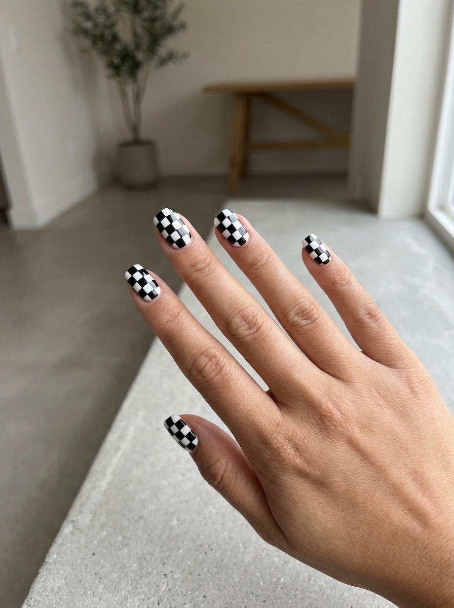 Close-up of a hand resting on a concrete ledge displaying a short nail art idea featuring bold black and white checkerboard designs on short manicured nails.